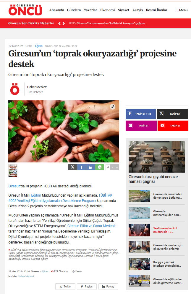 Giresun’un ‘toprak okuryazarlığı’ projesine destek