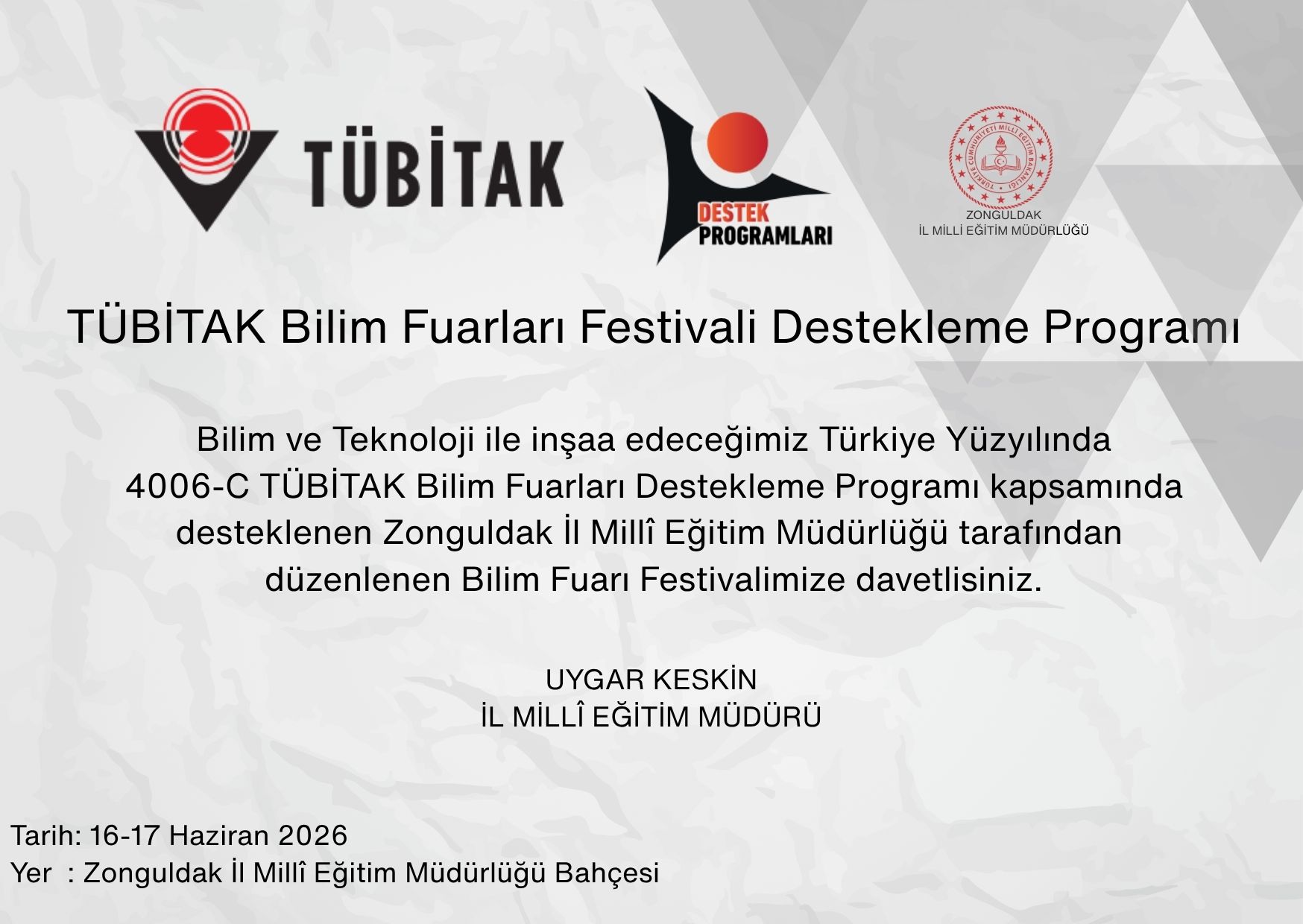 Zonguldak il Millî Eğitim Müdürlüğü Bilim Fuarları Festivali Davetiyesi