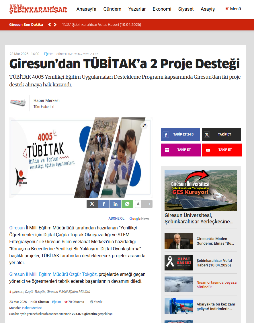 Giresun’da iki projenin TÜBİTAK desteği aldığı bildirildi.